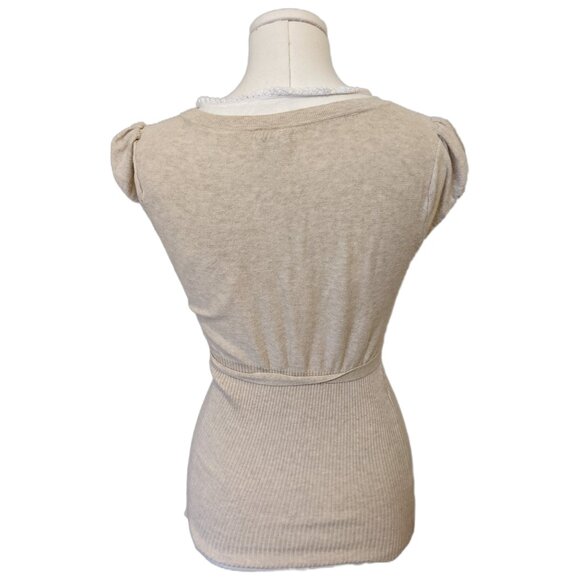 Vintage Y2K Ribbed Knit Ruffle Lace V-Neck Top Beige Tie Academia Office School - Picture 6 of 10